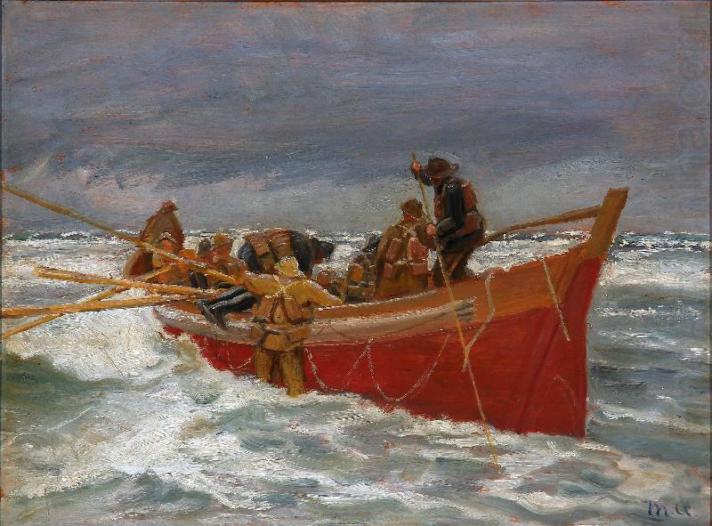 The red rescue boat on its way out, Michael Ancher